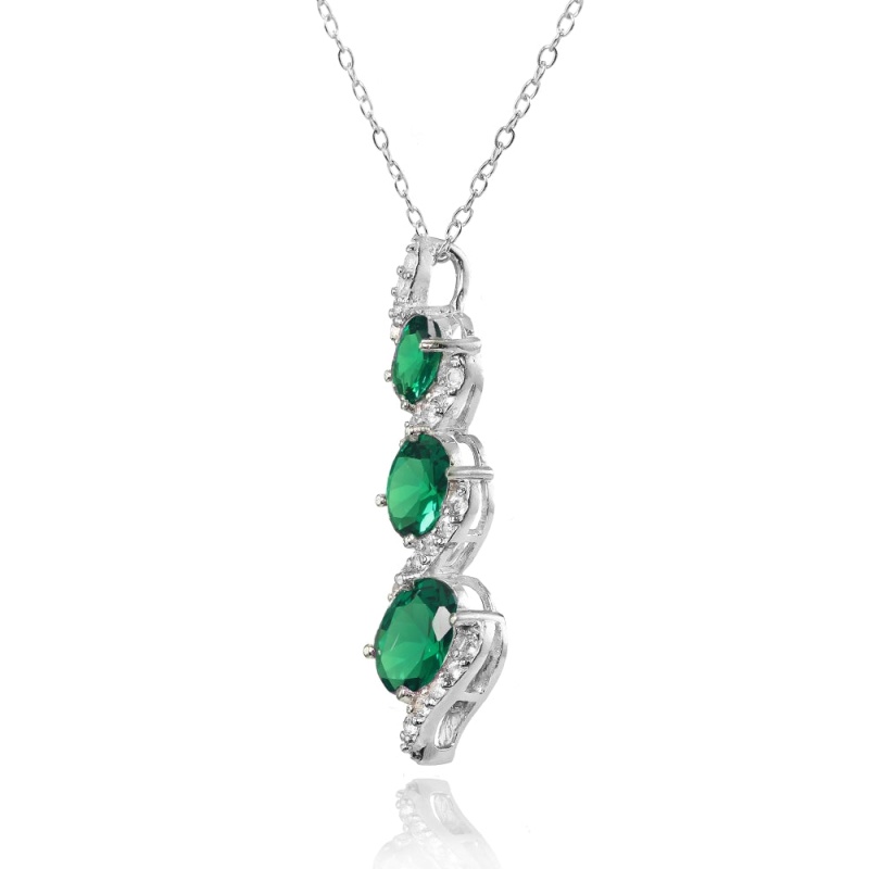 Sterling Silver Created Emerald And White Topaz Oval S Design Three-Stone Journey Necklace
