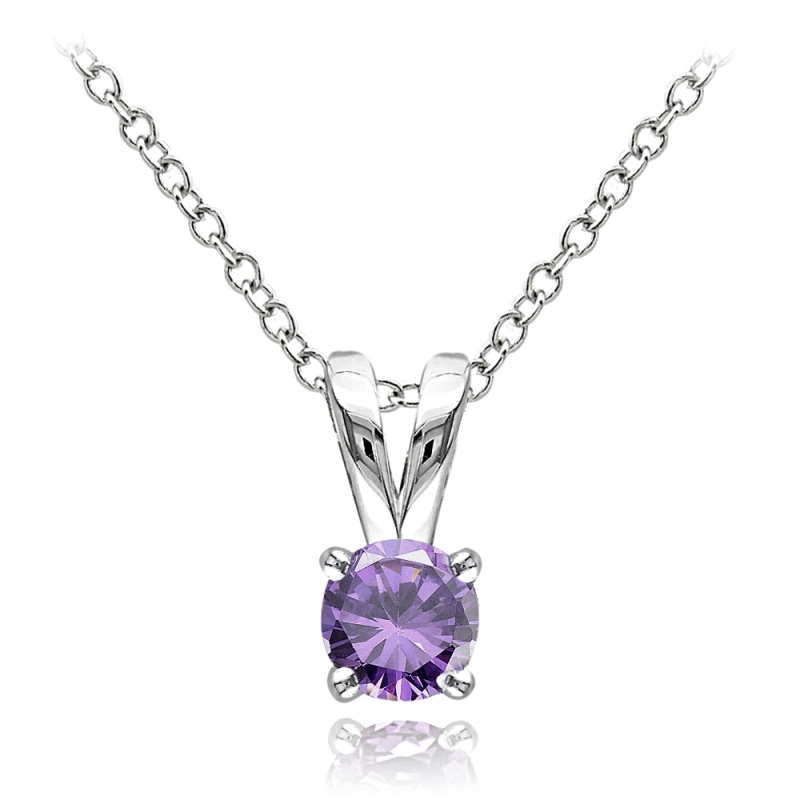 Sterling Silver Amethyst 5Mm Round Solitaire Necklace