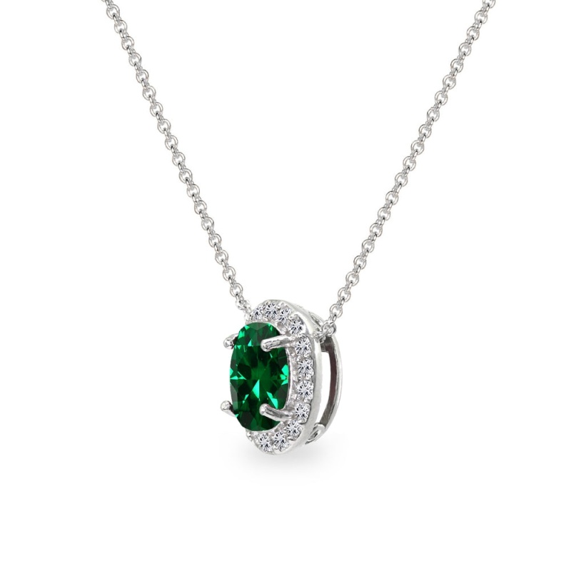 Sterling Silver Simulated Emerald Oval Halo Slide Pendant Necklace With Cz Accents