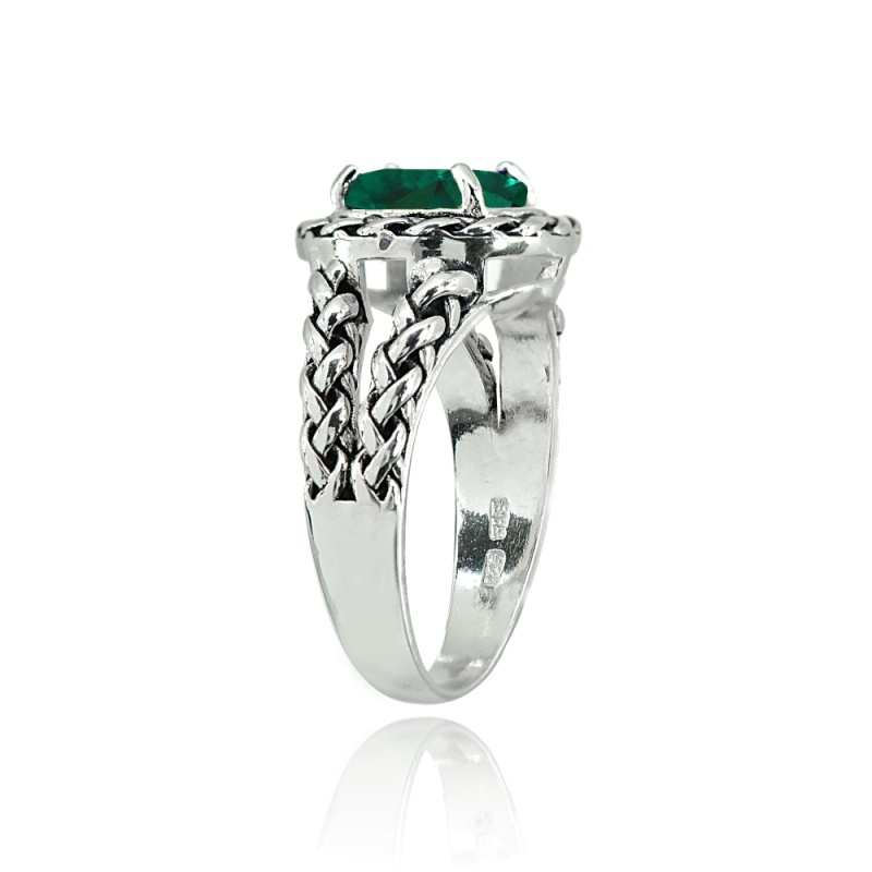 Sterling Silver Simulated Emerald Round Oxidized Rope Split Shank Ring, Size 7 - 7
