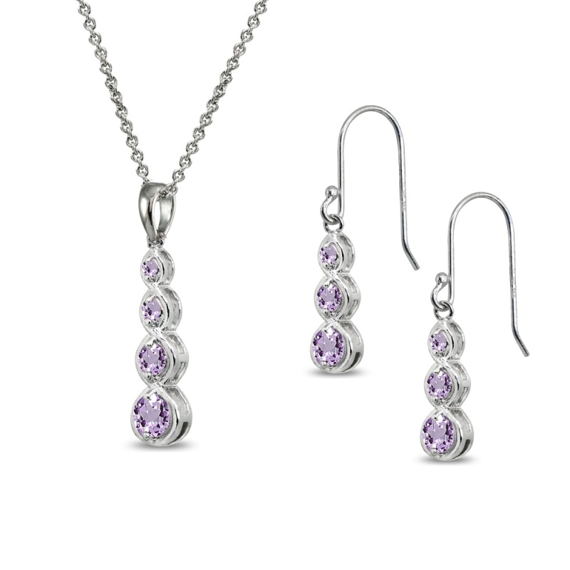 Sterling Silver Amethyst Round Three Stone Journey Infinity Dangle Earrings & Pendant Necklace Set