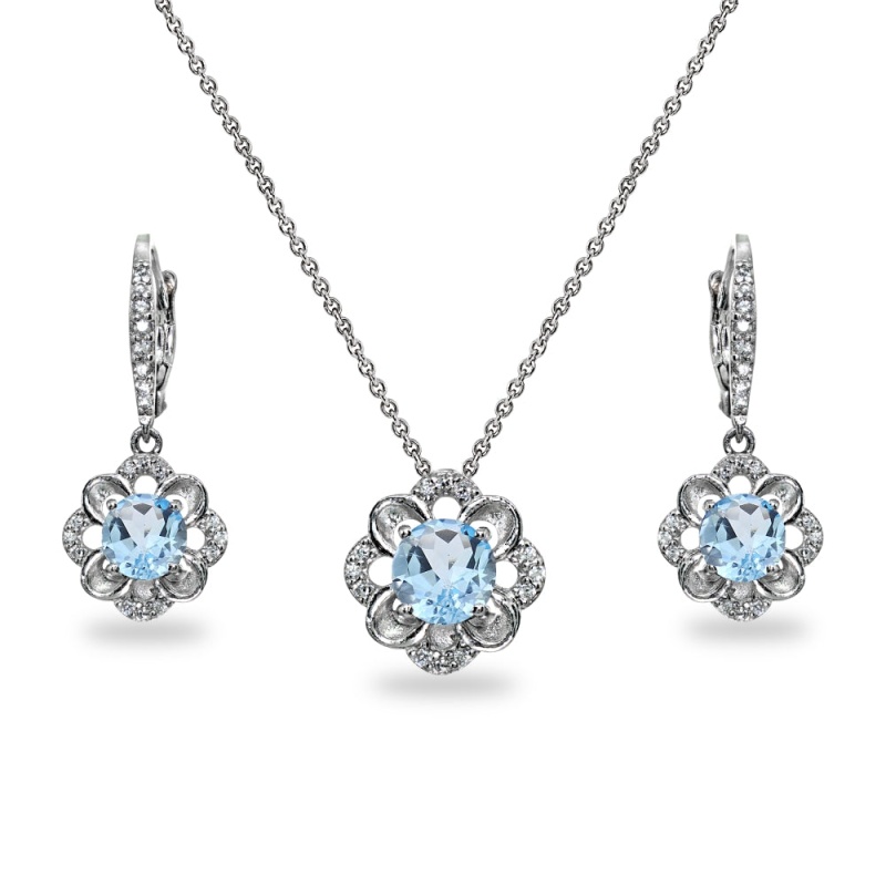 Sterling Silver Blue Topaz 6Mm Round-Cut Flower Dainty Slide Necklace & Leverback Earrings Set