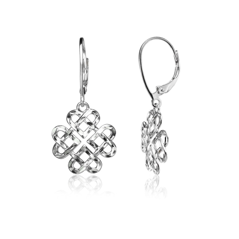 Sterling Silver Diamond-Cut Celtic Heart Love Knot Leverback Earrings