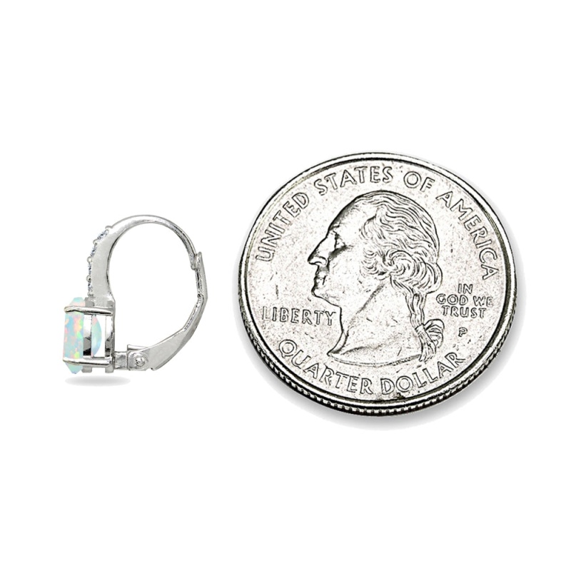 Sterling Silver Created White Opal & Cubic Zirconia 7X5mm Oval-Cut Leverback Huggie Earrings
