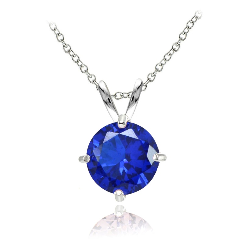 Sterling Silver Created Blue Sapphire 7Mm Round Solitaire Pendant Necklace