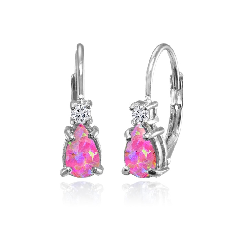 Sterling Silver Created Pink Opal & White Topaz Teardrop Leverback Earrings