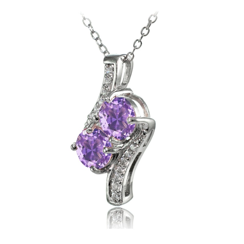 Sterling Silver Created Amethyst Round Two Stone And Cz Accents Necklace