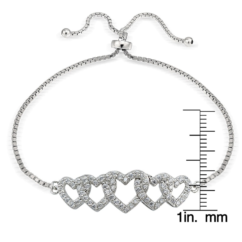 Sterling Silver Cubic Zirconia Intertwining Hearts Adjustable Bracelet