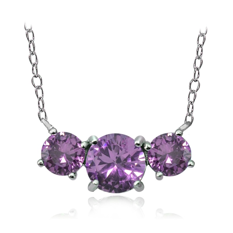 Sterling Silver Purple Cubic Zirconia Three Stone Necklace