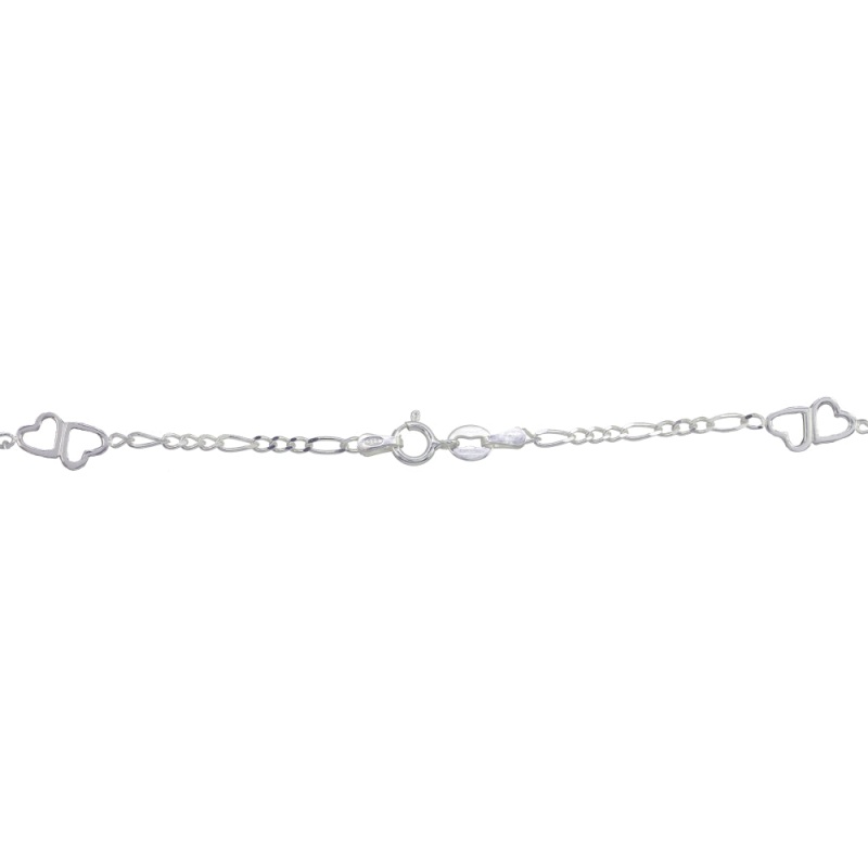 Sterling Silver Figaro Link Chain With Double Hearts Bracelet