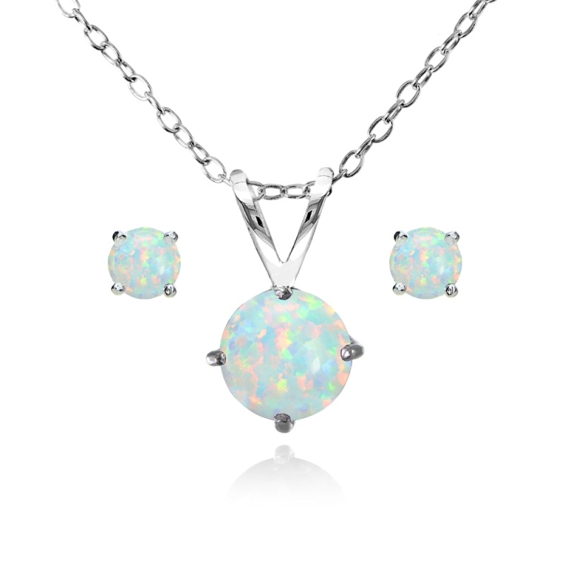 Sterling Silver Created White Opal Round Solitaire Necklace And Stud Earrings Set