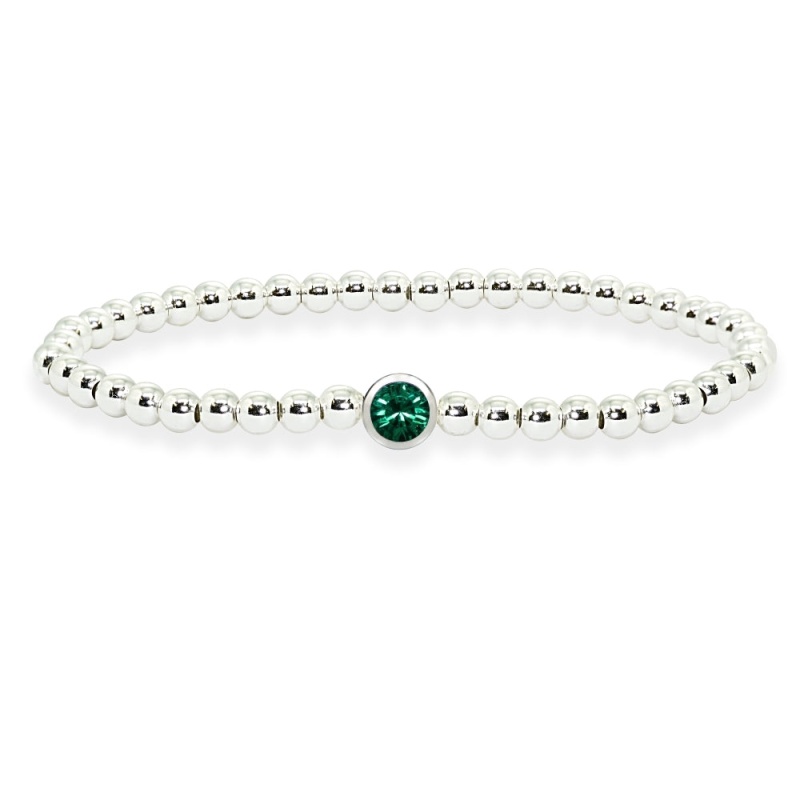 Sterling Silver Polished Beads Stretch Bracelet Made With Green Swarovski Crystal