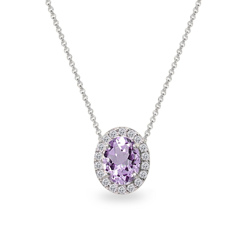 Sterling Silver Amethyst Oval Halo Slide Pendant Necklace With Cz Accents
