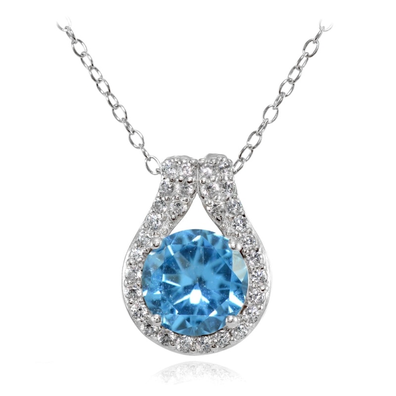 Sterling Silver Created Blue Topaz Round Halo Necklace With Cz Accents