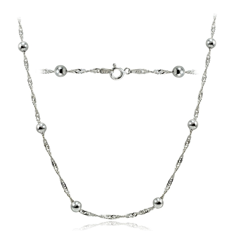 Sterling Silver Italian Diamond-Cut Chain Necklace With Beads 24-Inches