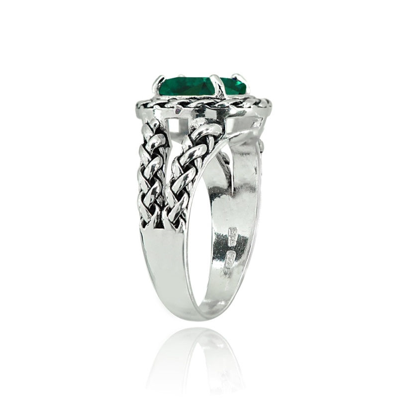 Sterling Silver Simulated Emerald Pear-Cut Oxidized Rope Split Shank Ring, Size 7 - 7