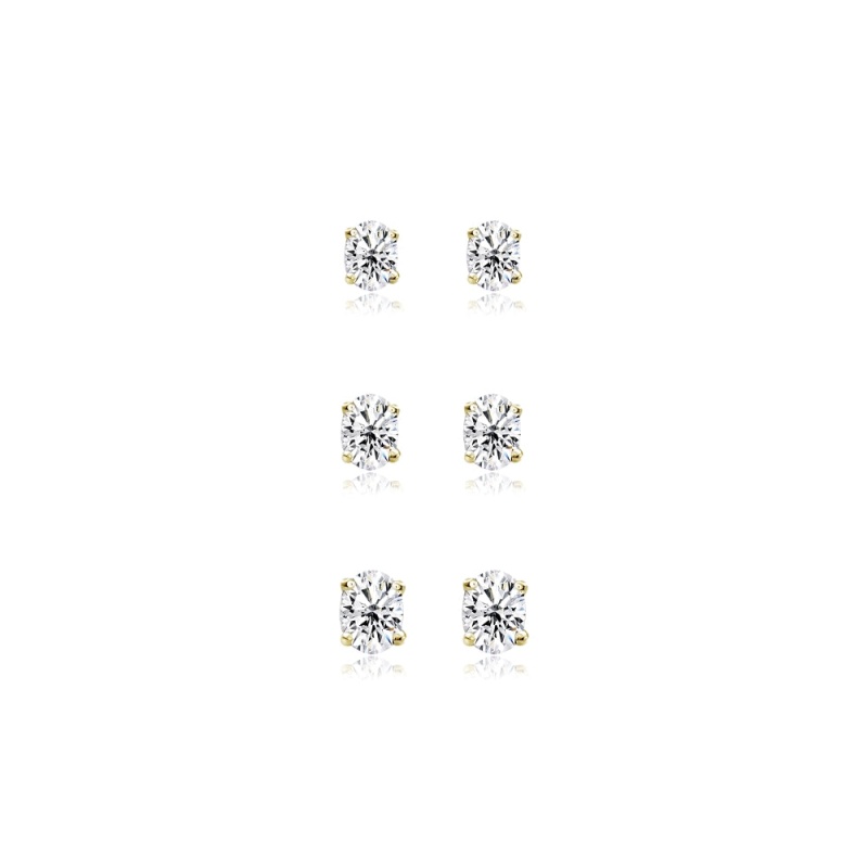 3-Pair Set Yellow Gold Flash Sterling Silver Cubic Zirconia Oval Stud Earrings, 5X3mm 6X4mm 7X5mm