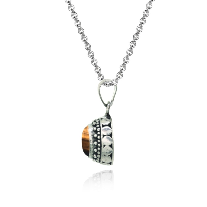Sterling Silver Created Tiger's Eye Oval Thick Oxidized Bali Dainty Pendant Necklace