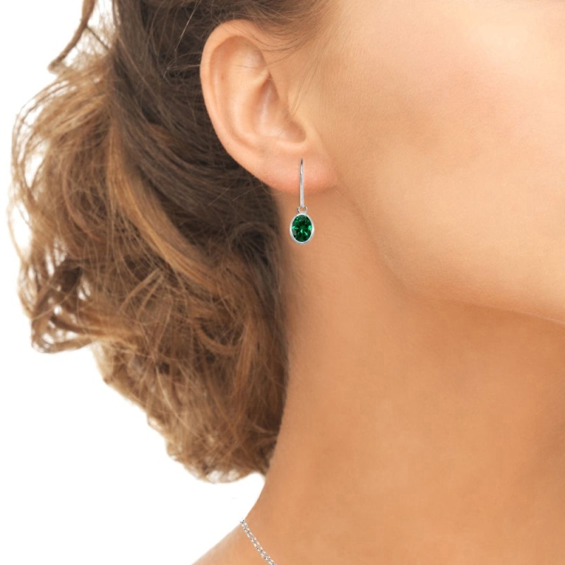 Sterling Silver Simulated Emerald 7X5mm Oval-Cut Bezel-Set Dainty Dangle Leverback Earrings
