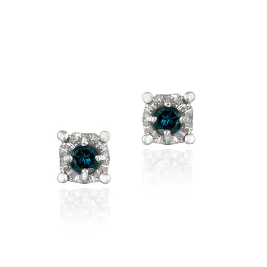 Sterling Silver 1/8 Ct Blue Diamond Round Stud Earrings