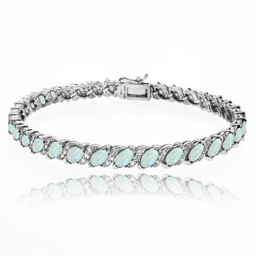 Sterling Silver Created White Opal Marquise-Cut Tennis Bracelet with White Topaz Accents
