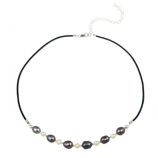 Sterling Silver Freshwater Cultured White & Peacock Pearl On Leather Beaded Necklace