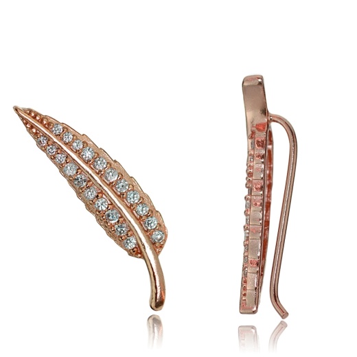Rose Gold Tone Over Sterling Silver Cubic Zirconia Leaf Crawler Climber Hook Earrings