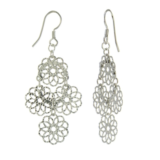 Sterling Silver Diamond-Cut Four Flower Drop Dangle Earrings