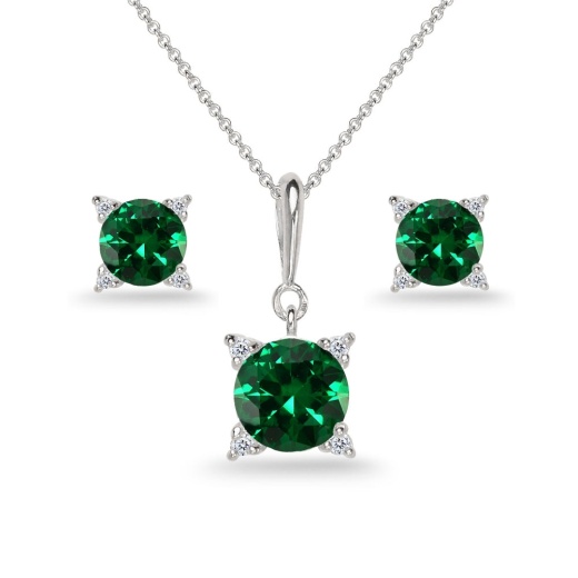 Sterling Silver Simulated Emerald Studded Solitaire Necklace & Stud Earrings Set