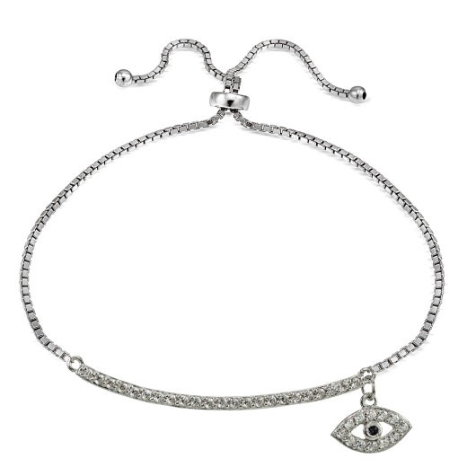 Sterling Silver Blue Cubic Zirconia Dangling Evil Eye Bar Adjustable Bracelet - Silverspeck