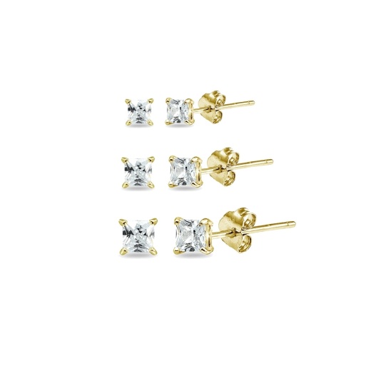 3 Pair Set Yellow Gold Flashed Sterling Silver Cubic Zirconia Princess-Cut Square Stud Earrings