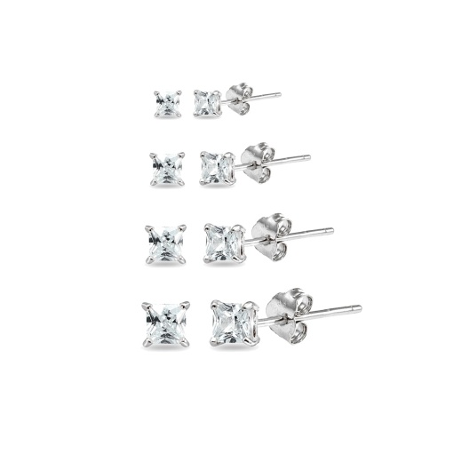 4 Pair Set Sterling Silver Cubic Zirconia Princess-Cut Square Stud Earrings - Silverspeck