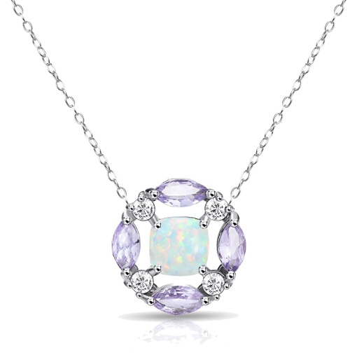 Sterling Silver Created Opal And Amethyst Necklace With White Topaz Accents