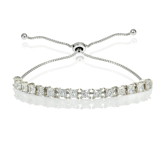 Sterling Silver 3Mm Cubic Zirconia Princess-Cut Adjustable Bolo Tennis Bracelet