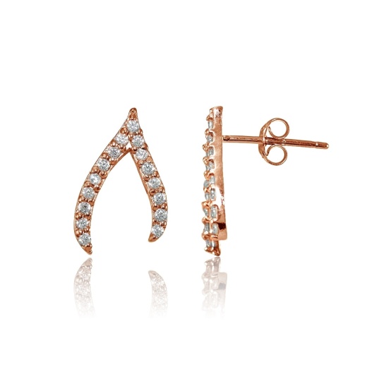 Rose Gold Flashed Sterling Silver Cubic Zirconia Wish Bone Stud Earrings
