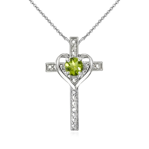 Sterling Silver Peridot Cross Heart Pendant Necklace for Girls, Teens or Women