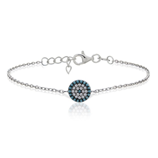 Sterling Silver Nano Created Turquoise and Cubic Zirconia Round Evil Eye Bracelet