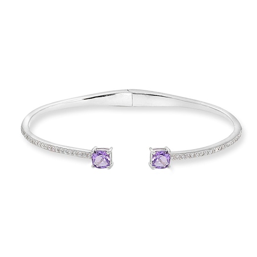 Sterling Silver Amethyst & Created White Sapphire Cushion-Cut Dainty Cuff Bangle Bracelet