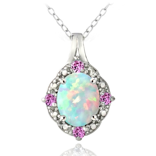 Sterling Silver Created Opal Diamond Accent Oval Necklace