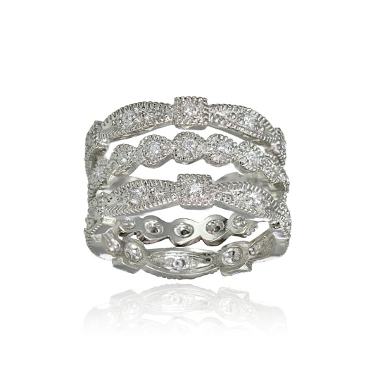 Sterling Silver Cubic Zirconia Textured Stackable Trio Ring Set