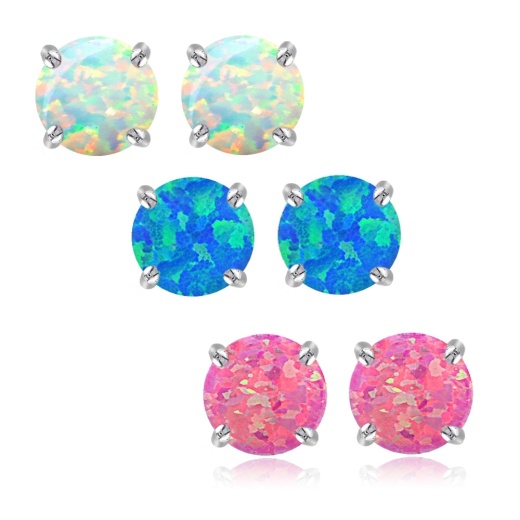 Sterling Silver Multi Color Created Opal Set Of 3 Stud Earrings - 4Mm