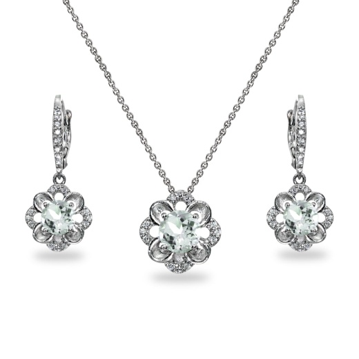 Sterling Silver Light Aquamarine 6Mm Round-Cut Flower Dainty Slide Necklace & Leverback Earrings Set