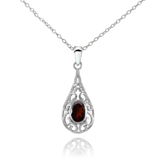 Sterling Silver Garnet Oval Filigree Teardrop Necklace
