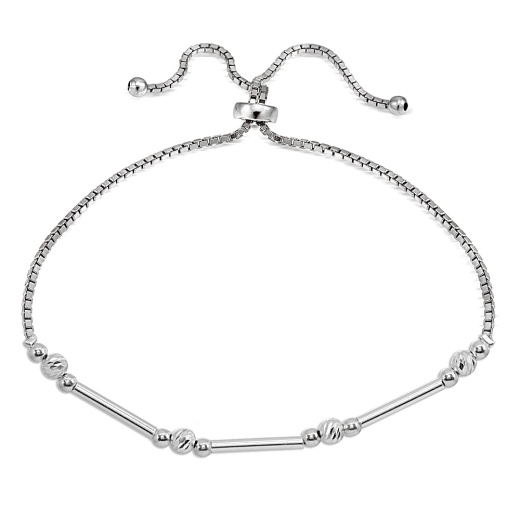Sterling Silver Polished Bar Diamond-Cut Beads Adjustable Chain Bolo Bracelet