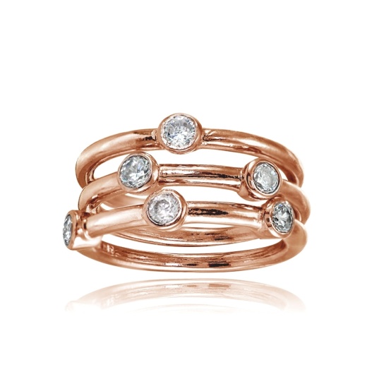 Rose Gold Flashed Sterling Silver Cubic Zirconia Set Of 3 Stackable Bezel-Set Band Rings by Silverspeck