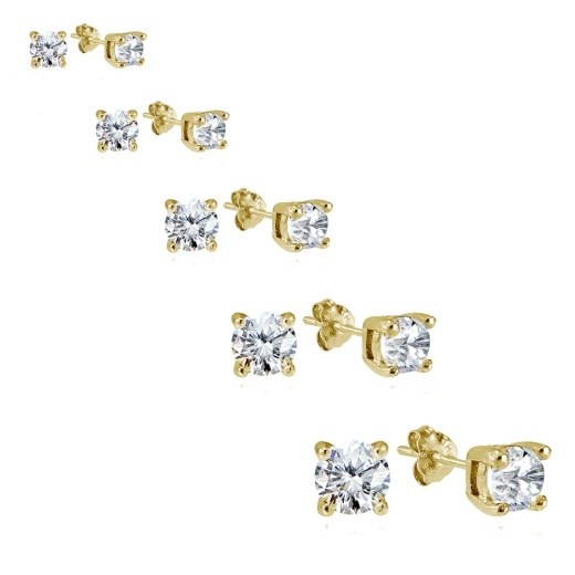 Yellow Gold Flashed Sterling Silver CZ Stud Earrings - 5 Piece Set