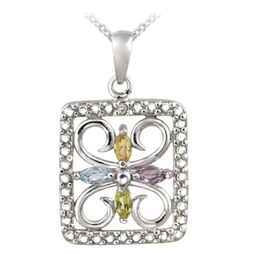 Sterling Silver Multi-Gemstone & Diamond Accent Filigree Flower Design Necklace