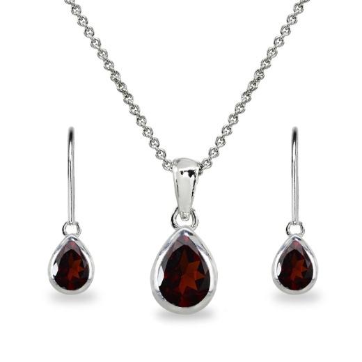 Sterling Silver Garnet Teardrop Bezel-Set Pendant Necklace & Dangle Leverback Earrings Set