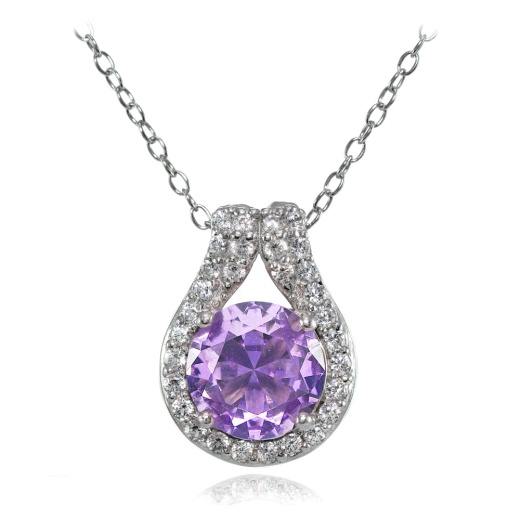 Sterling Silver Created Amethyst Round Halo Necklace With Cz Accents