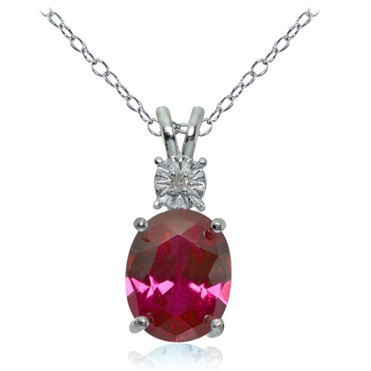 Sterling Silver Created Ruby and Diamond Accent Oval Necklace